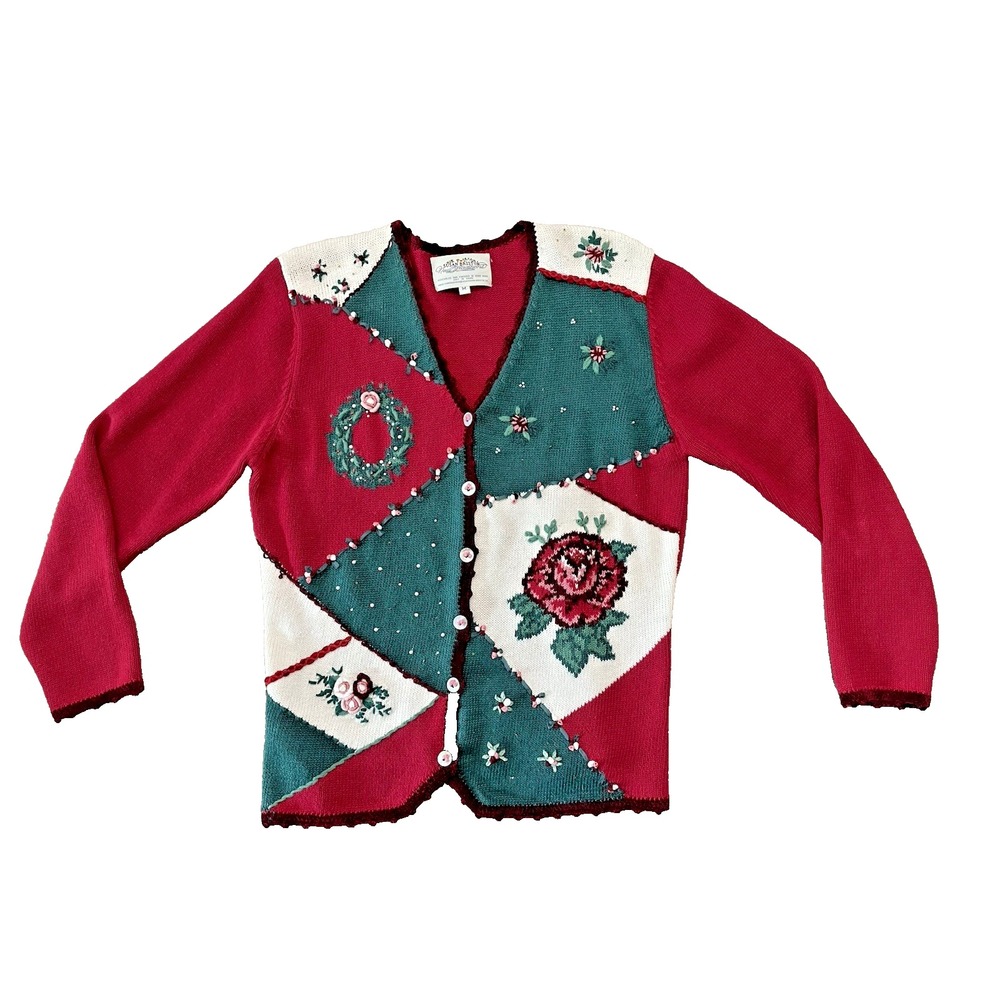 Vtg Y2K Susan Bristol Hand Embroidered Christmas Sweater Wreathโ Flowers Sz M
